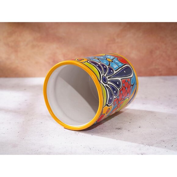 Medium Ceramic Utensil Holder Marigold Yellow Hand Painted Mexican Pottery Crock - Picture 8 of 9